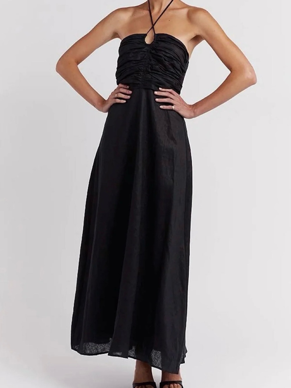 DISSH Flow Back Linen Halter Maxi Dress with Ruched Bodice